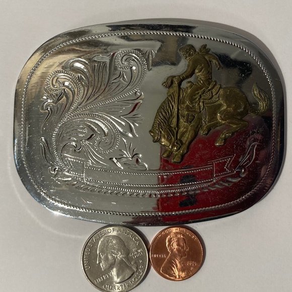 Vintage Metal Belt Buckle, Bronco Busting, Rodeo, Horse, Heavy Duty, Made in USA - Picture 1 of 3